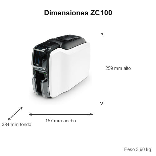 Dimensiones de la impresora de etiquetas Zebra ZC100 ZC11-000C000EM00: 259 mm de alto, 157 mm de ancho, 384 mm de fondo, peso 3.90 kg