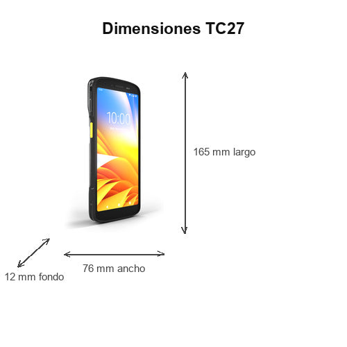 Dimensiones del terminal de mano Zebra TC27 WCMTB-T27B6ABC2-A6: 165 mm de largo, 76 mm de ancho, 12 mm de fondo