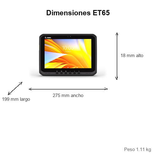Dimensiones del terminal de mano Zebra ET65 ET65AW-ESQAGSK0C0-A6: 275 mm de ancho, 199 mm de largo, 18 mm de alto, peso 1.11 kg
