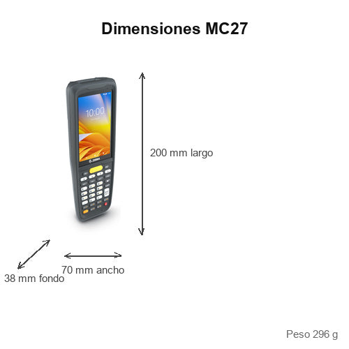 Dimensiones del terminal de mano Zebra MC27 MC27BK-2B3S3RW: 200 mm de largo, 70 mm de ancho, 38 mm de fondo, peso 296 g
