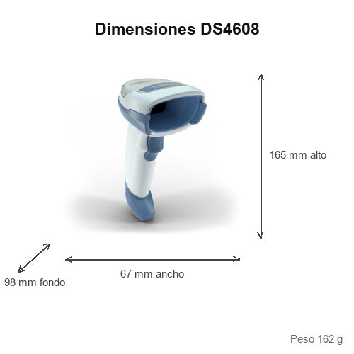 Dimensiones del lector de códigos de barras Zebra DS4608 DS4608-HC4000BVZWW: 165 mm de alto, 67 mm de ancho, 98 mm de fondo, peso 162 g