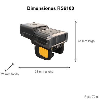 Dimensiones del lector de códigos de barras Zebra RS6100 RS61B0-KBDSZWR: 67 mm de largo, 33 mm de ancho, 21 mm de fondo, peso 70 g