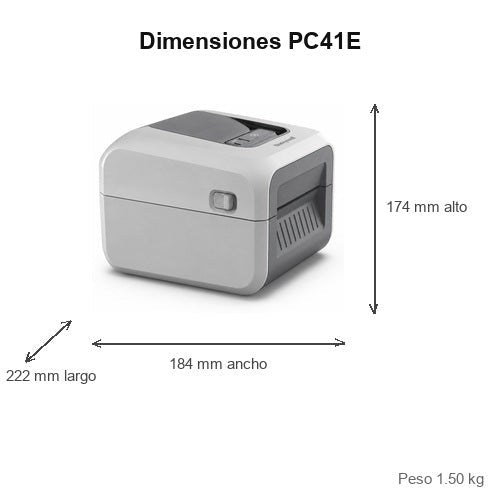 Dimensiones de la impresora de etiquetas Honeywell PC41E PC41EDB010300: 222 mm de largo, 184 mm de ancho, 174 mm de alto, peso 1.50 kg