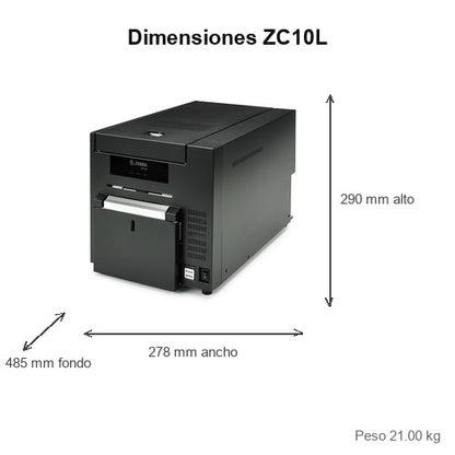 Dimensiones de la impresora de etiquetas Zebra ZC10L ZC10L-00QT0US00: 290 mm de alto, 278 mm de ancho, 485 mm de fondo, peso 21.00 kg