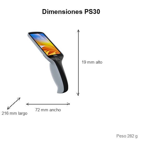 Dimensiones del terminal de mano Zebra PS30 PS30JB-0H1A600: 19 mm de alto, 216 mm de largo, 72 mm de ancho, peso 282 g