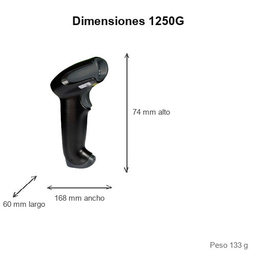 Dimensiones del lector de códigos de barras Honeywell 1250G negro 1250G-2: 60 mm de largo, 168 mm de ancho, 74 mm de alto, peso 133 g