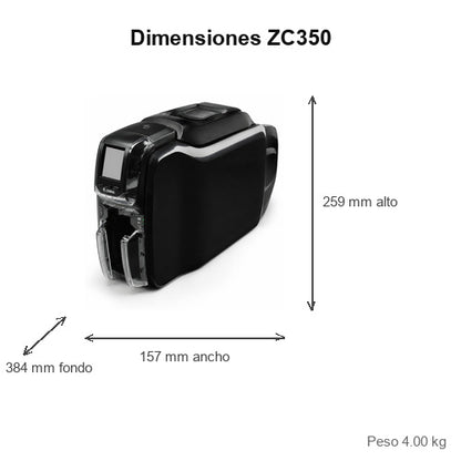 Dimensiones de la impresora de etiquetas Zebra ZC350 ZC35-000C000EM00: 259 mm de alto, 157 mm de ancho, 384 mm de fondo, peso 4.00 kg
