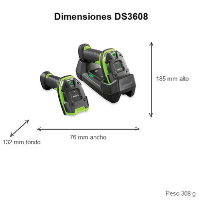 Detalle del lector de códigos de barras Zebra DS3608 con su zona de trabajo