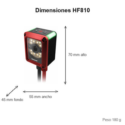 Dimensiones del lector de códigos de barras Honeywell HF810 HF810-01BT00004K-R: 70 mm de alto, 55 mm de ancho, 45 mm de fondo, peso 180 g