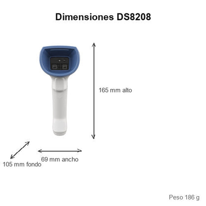 Dimensiones del lector de códigos de barras Zebra DS8208 blanco DS8208-HCBU2104ZVW: 165 mm de alto, 69 mm de ancho, 105 mm de fondo, peso 186 g