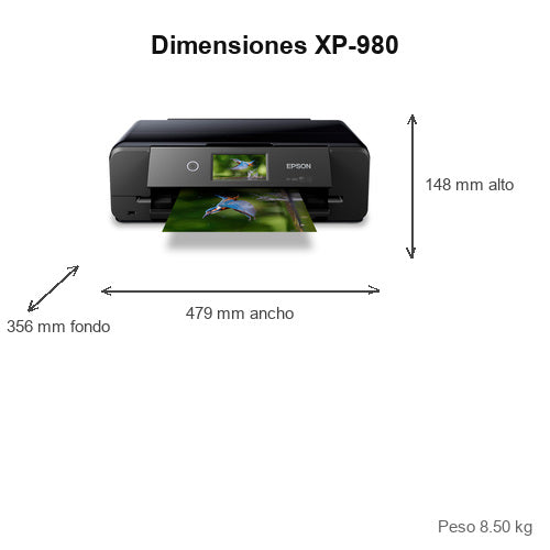 Dimensiones de la impresora de etiquetas Epson XP-980 C11CL95402: 479 mm de ancho, 356 mm de fondo, 148 mm de alto, peso 8.50 kg