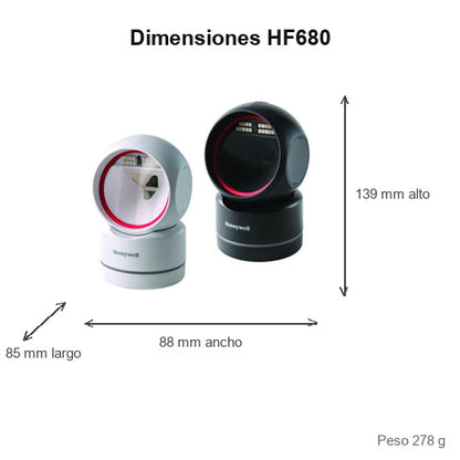 Dimensiones del lector de códigos de barras Honeywell HF680 negro HF680-R1-1USB: 85 mm de largo, 88 mm de ancho, 139 mm de alto, peso 278 g