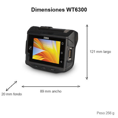 Dimensiones del terminal de mano Zebra WT6300 WT63B0-KS0QNERW: 121 mm de largo, 89 mm de ancho, 20 mm de fondo, peso 256 g