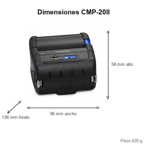 Dimensiones de la impresora de etiquetas Citizen CMP-20II CMP20IIWUXCX: 96 mm de ancho, 136 mm de fondo, 58 mm de alto, peso 420 g