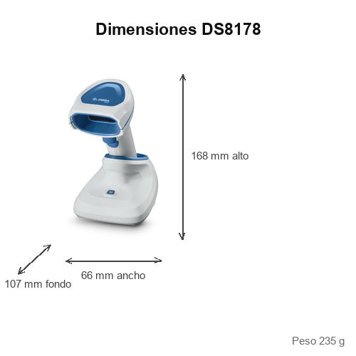 Dimensiones del lector de códigos de barras Zebra DS8178 DS8178-HCBU210FP5W: 168 mm de alto, 66 mm de ancho, 107 mm de fondo, peso 235 g