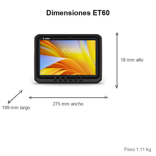 Dimensiones del terminal de mano Zebra ET60 ET60WW-0S5DPEK0A0-00: 275 mm de ancho, 199 mm de largo, 18 mm de alto, peso 1.11 kg