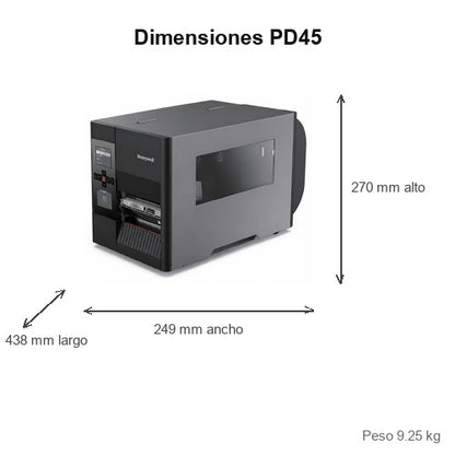 Dimensiones de la impresora de etiquetas Honeywell PD45 PD4500BE030000200: 438 mm de largo, 270 mm de alto, 249 mm de ancho, peso 9.25 kg
