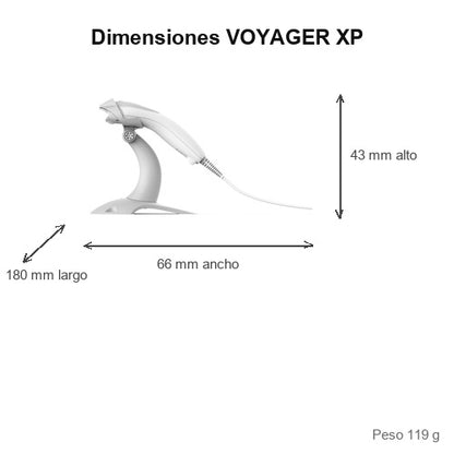 Dimensiones del lector de códigos de barras Honeywell VOYAGER XP 1400GSR-2USB-E: 180 mm de largo, 66 mm de ancho, 43 mm de alto, peso 119 g