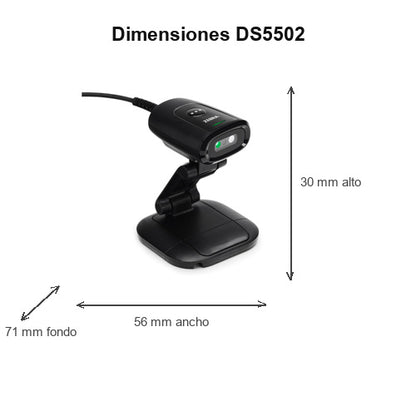 Dimensiones del lector de códigos de barras Zebra DS5502 negro DS5502-LB4000WZZWW: 30 mm de alto, 56 mm de ancho, 71 mm de fondo