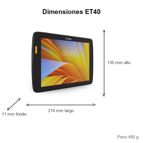 Dimensiones del terminal de mano Zebra ET40 ET40AA-001C2B0-A6: 214 mm de largo, 135 mm de alto, 11 mm de fondo, peso 485 g