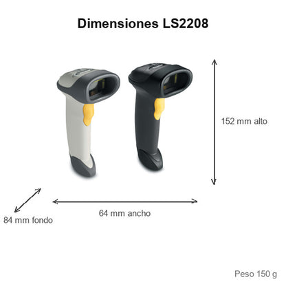Dimensiones del lector de códigos de barras Zebra LS2208 LS2208-SR20007R: 152 mm de alto, 64 mm de ancho, 84 mm de fondo, peso 150 g