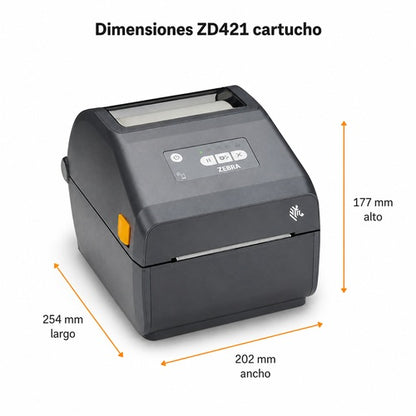 Medidas de la Zebra ZD421 con cartucho ZD4A042-C0EX02EZ: 254 x 202 x 177 mm