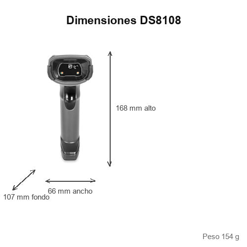 Dimensiones del lector de códigos de barras Zebra DS8108 negro DS8108-SR00007ZZWW: 168 mm de alto, 66 mm de ancho, 107 mm de fondo, peso 154 g
