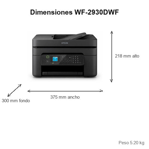 Dimensiones de la impresora de etiquetas Epson WF-2930DWF C11CK63403: 375 mm de ancho, 300 mm de fondo, 218 mm de alto, peso 5.20 kg