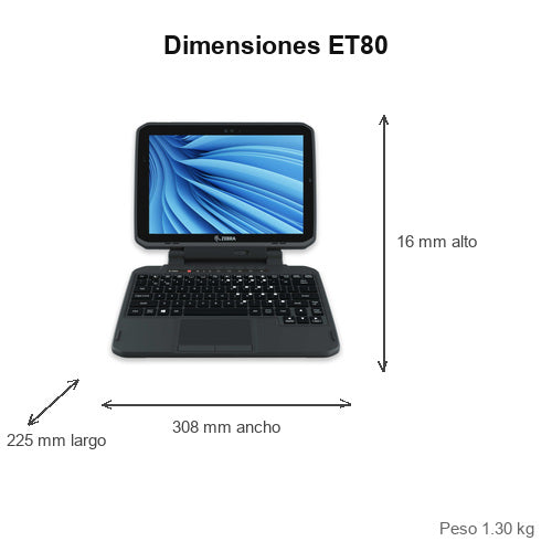 Dimensiones del terminal de mano Zebra ET80 ET80A-0P5B2-000: 308 mm de ancho, 225 mm de largo, 16 mm de alto, peso 1.30 kg