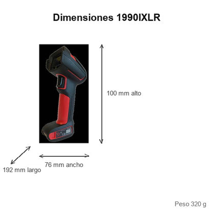 Dimensiones del lector de códigos de barras Honeywell 1990IXLR 1990IXLR-3-R: 192 mm de largo, 76 mm de ancho, 100 mm de alto, peso 320 g