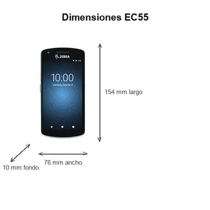 Dimensiones del terminal de mano Zebra EC55 negro EC55BK-21B242-A6: 154 mm de largo, 76 mm de ancho, 10 mm de fondo