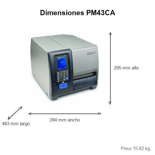Dimensiones de la impresora de etiquetas Honeywell PM43CA PM43CA1130000212: 483 mm de largo, 295 mm de alto, 284 mm de ancho, peso 15.82 kg