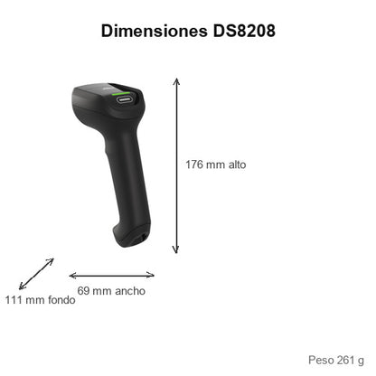 Dimensiones del lector de códigos de barras Zebra DS8208 DS8208-SR40004VZWW: 176 mm de alto, 69 mm de ancho, 111 mm de fondo, peso 261 g