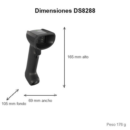Dimensiones del lector de códigos de barras Zebra DS8288 negro DS8288-SR4U2104SVW: 165 mm de alto, 69 mm de ancho, 105 mm de fondo, peso 176 g