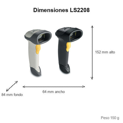 Dimensiones del lector de códigos de barras Zebra LS2208 LS2208-SR20007R-KR: 152 mm de alto, 64 mm de ancho, 84 mm de fondo, peso 150 g