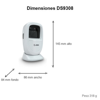 Dimensiones del lector de códigos de barras Zebra DS9308 blanco DS9308-SRWU2100AZW: 145 mm de alto, 86 mm de ancho, 84 mm de fondo, peso 318 g