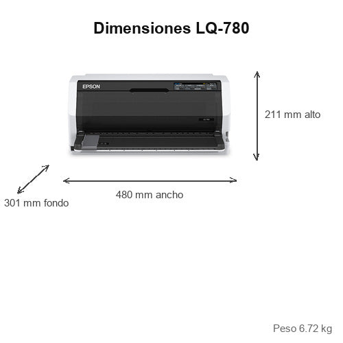 Dimensiones de la impresora de etiquetas Epson LQ-780 C11CJ81401: 211 mm de alto, 480 mm de ancho, 301 mm de fondo, peso 6.72 kg