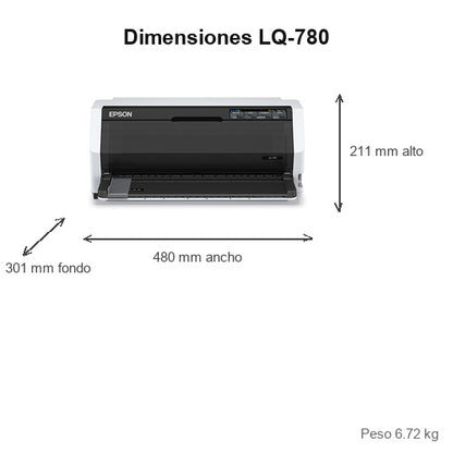 Dimensiones de la impresora de etiquetas Epson LQ-780 C11CJ81401: 211 mm de alto, 480 mm de ancho, 301 mm de fondo, peso 6.72 kg