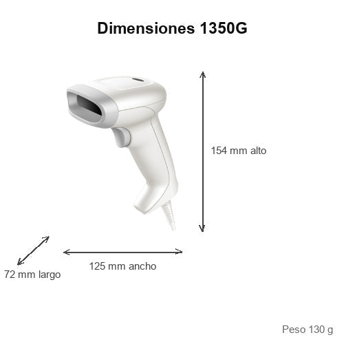 Dimensiones del lector de códigos de barras Honeywell 1350G blanco 1350G2D-1-R: 72 mm de largo, 125 mm de ancho, 154 mm de alto, peso 130 g