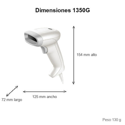 Dimensiones del lector de códigos de barras Honeywell 1350G blanco 1350G2D-1-R: 72 mm de largo, 125 mm de ancho, 154 mm de alto, peso 130 g