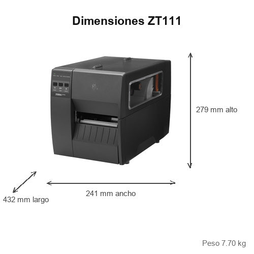 Dimensiones de la impresora de etiquetas Zebra ZT111 ZT11143-D0E000FZ: 279 mm de alto, 241 mm de ancho, 432 mm de largo, peso 7.70 kg