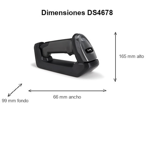 Dimensiones del lector de códigos de barras Zebra DS4678 negro DS4678-DP7U210EPFR: 165 mm de alto, 66 mm de ancho, 99 mm de fondo