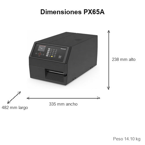 Dimensiones de la impresora de etiquetas Honeywell PX65A PX65A02000000300: 482 mm de largo, 238 mm de alto, 335 mm de ancho, peso 14.10 kg