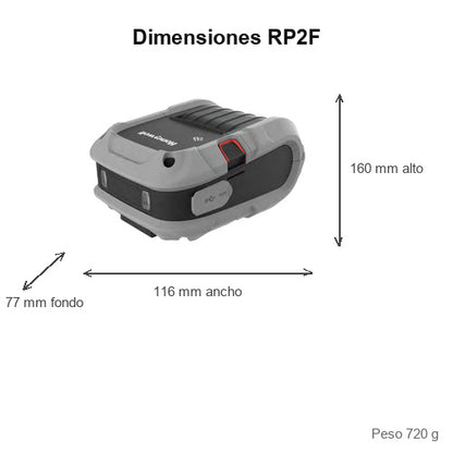 Dimensiones de la impresora de etiquetas Honeywell RP2F RP2F0001D20: 160 mm de alto, 116 mm de ancho, 77 mm de fondo, peso 720 g