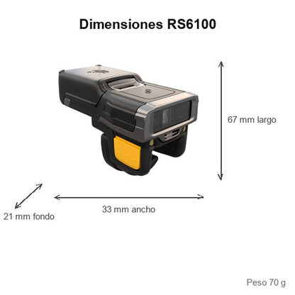 Dimensiones del lector de códigos de barras Zebra RS6100 RS61B0-KBENZWR: 67 mm de largo, 33 mm de ancho, 21 mm de fondo, peso 70 g