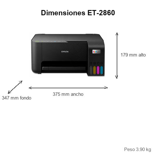 Dimensiones de la impresora de etiquetas Epson ET-2860 C11CJ67428: 375 mm de ancho, 347 mm de fondo, 179 mm de alto, peso 3.90 kg