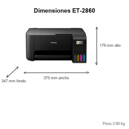 Dimensiones de la impresora de etiquetas Epson ET-2860 C11CJ67428: 375 mm de ancho, 347 mm de fondo, 179 mm de alto, peso 3.90 kg
