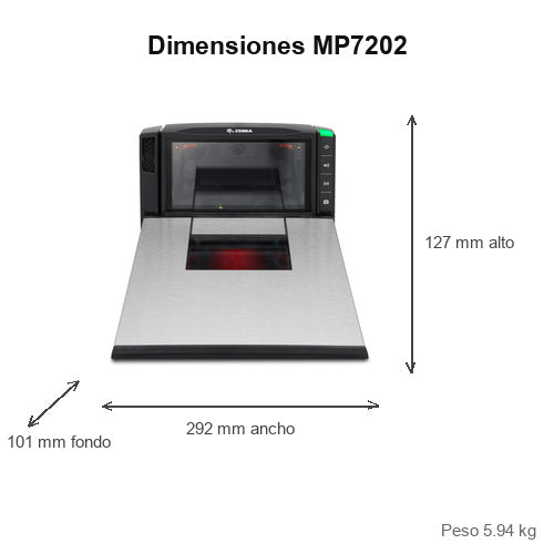 Dimensiones del lector de códigos de barras Zebra MP7202 MP7202-MNSLN000EU: 127 mm de alto, 292 mm de ancho, 101 mm de fondo, peso 5.94 kg