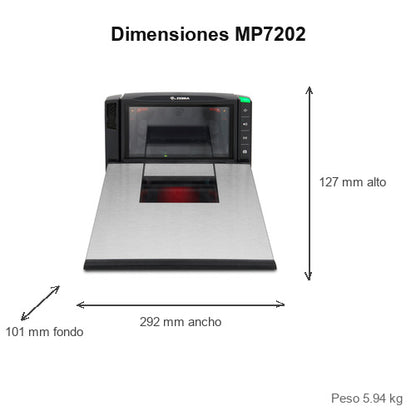 Dimensiones del lector de códigos de barras Zebra MP7202 MP7202-MNSLN000EU: 127 mm de alto, 292 mm de ancho, 101 mm de fondo, peso 5.94 kg
