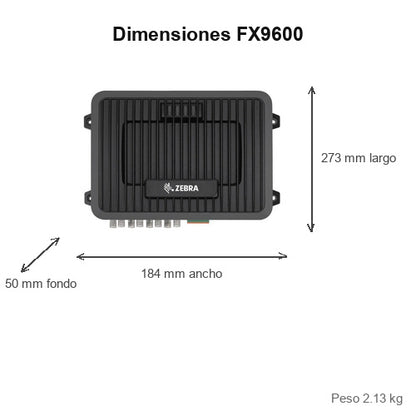 Dimensiones del equipo rfid Zebra FX9600 FX9600-42325A50-WR: 273 mm de largo, 184 mm de ancho, 50 mm de fondo, peso 2.13 kg